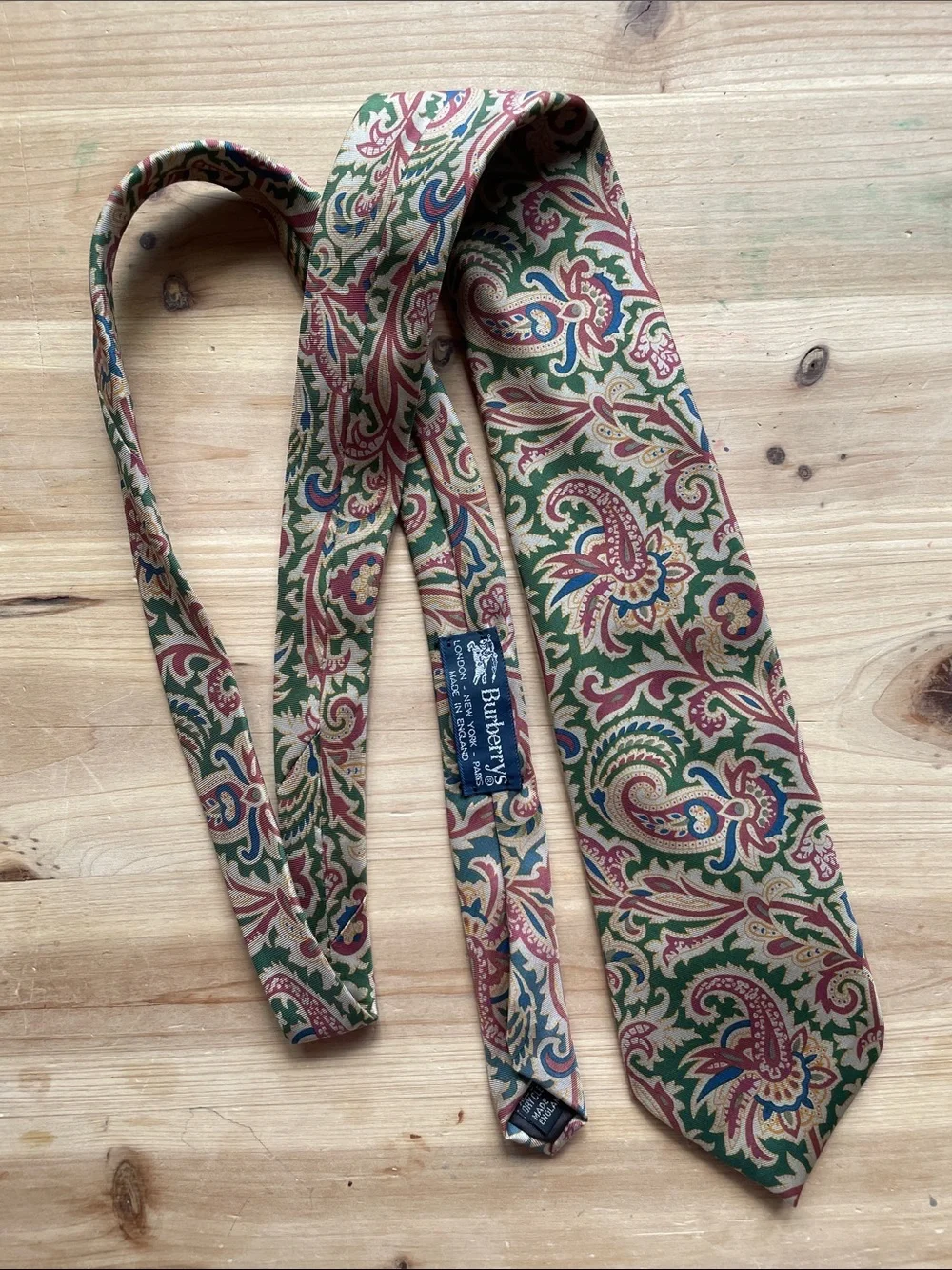 Burberry Green and Beige Paisley Silk Tie with Red & Blue Accents